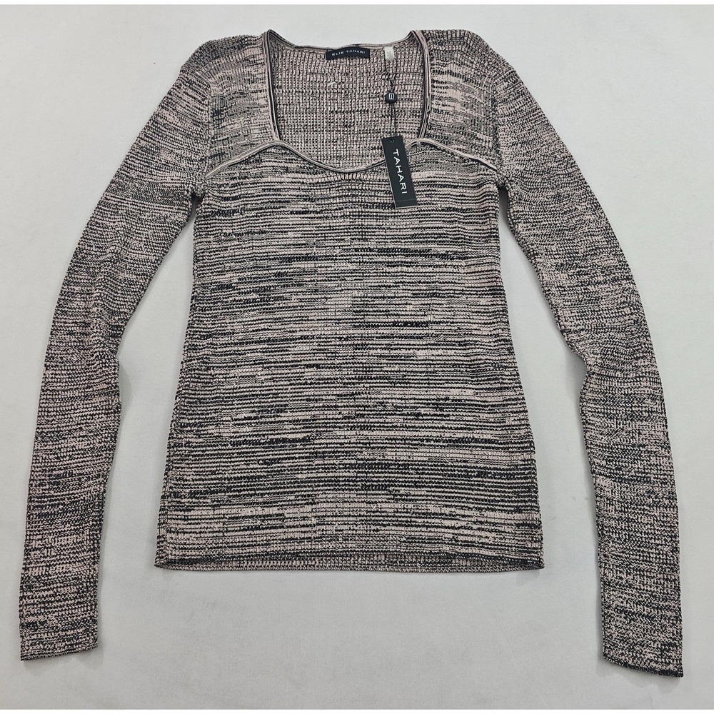 Elie Tahari women light sweater M Medium beige black stretch